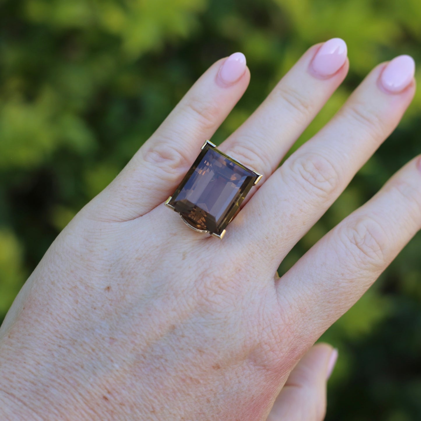 Mid Century 36ct Princess Cut Smoky Quartz Cocktail Ring, 9ct Yellow Gold, size N1/2 or 6.75