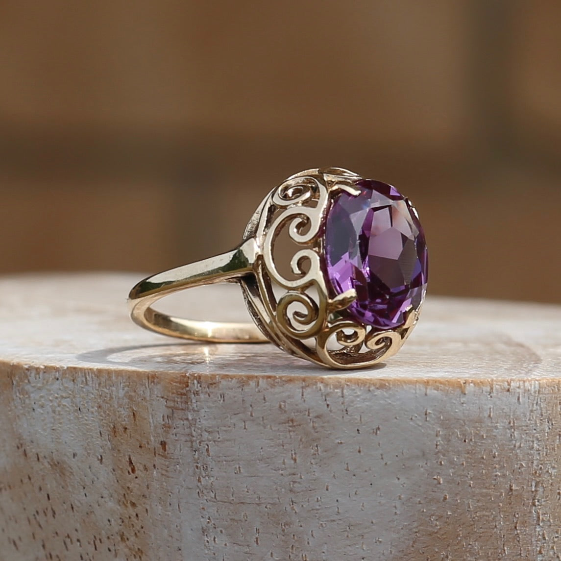 Synthetic Colour Change Purple Sapphire in Filigree Gold Ring, 10ct yellow gold,  size M1/2 or just under 6.5