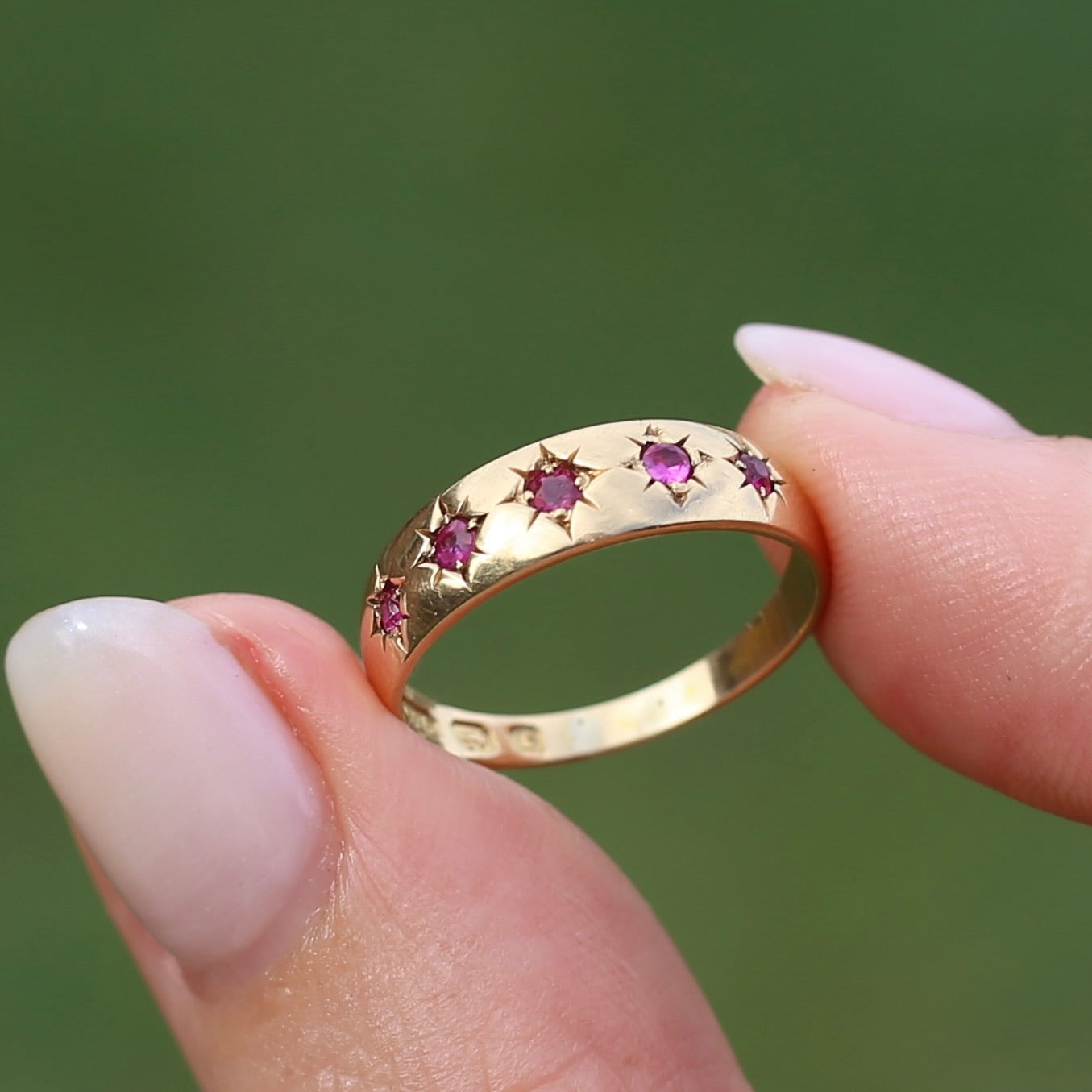 Antique 1891 Five Stone Star Set Old Cut Ruby Ring, 15ct Rosey Gold, size N- N1/2 or 6.75