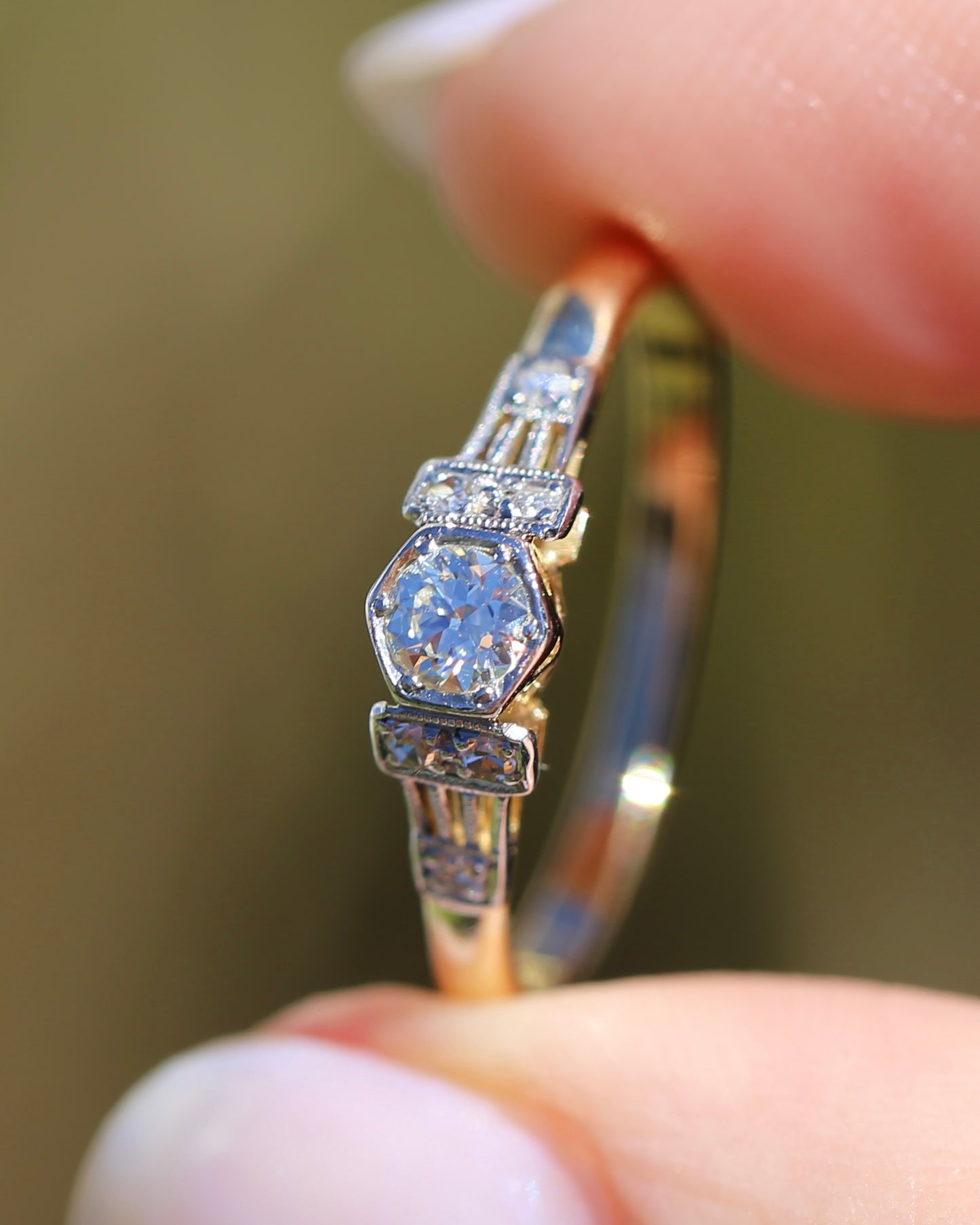 Hexagonal Grain Semi Modern Cut Diamond and Single Cut Diamond Shoulders Ring, 18ct White and Yellow Gold, size P1/2 or 8, 2.58g, with valuation