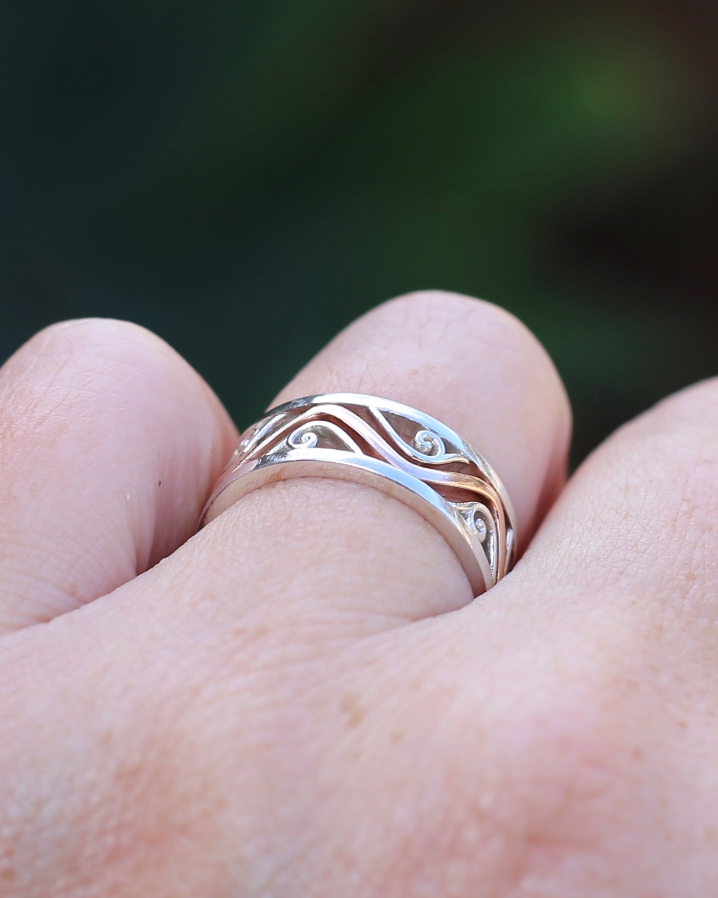 Silver and Rose Gold Filigree Swirl Band, Sterling Silver and 9ct Rose Gold, size P or 7.5 (fits more like an O)