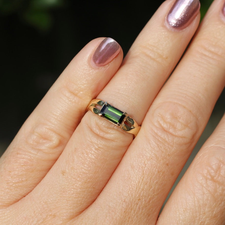 East West Set Emerald Cut Dark Green Natural Tourmaline Ring, 9ct Yellow Gold, size L or 5.75