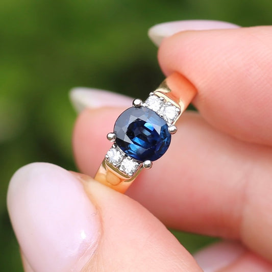 Vintage 1.24ct Natural Blue Sapphire & Diamond Ring, 18ct Yellow Gold, size M1/2 or 6.5