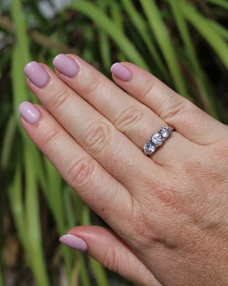 3.7ct Pale Pink Australian Zircon Trilogy Ring, 10ct and 18ct White Gold, size O or just over 7, 3.72g