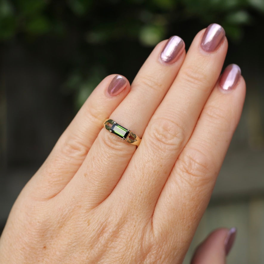 East West Set Emerald Cut Dark Green Natural Tourmaline Ring, 9ct Yellow Gold, size L or 5.75