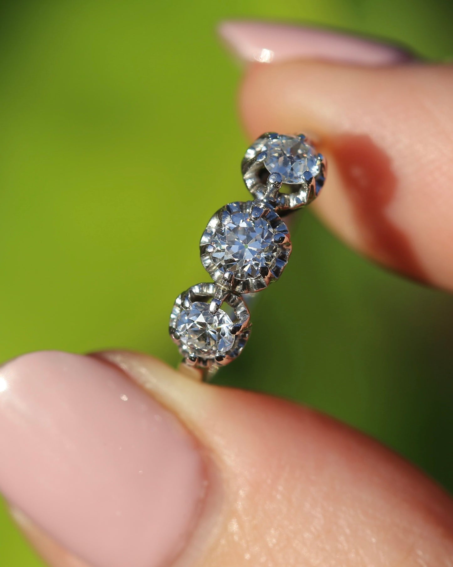 Circa 1930s Transitional Cut Diamond Trilogy with Kozibe Effect, Platinum, size L or 5.75, 2.68g, with valuation