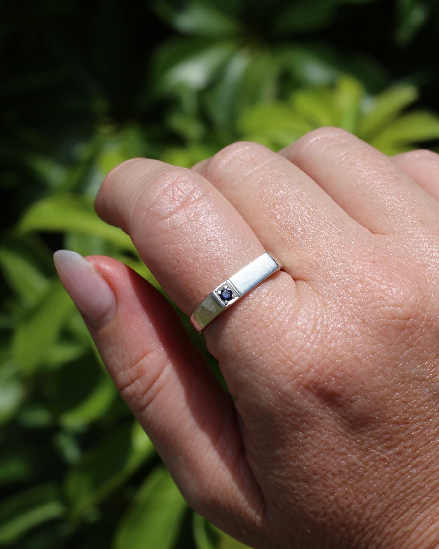 Narrow Silver Signet Ring with Sapphire, Sterling Silver, size 10.5 or V, 3.9g