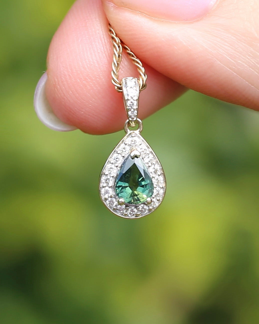0.75ct Natural Green Parti and Natural Diamond Halo Pendant, 9ct Yellow Gold, 0.86g
