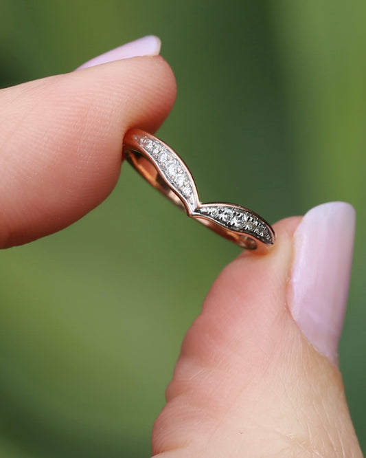 Bead Set Natural Diamond Wishbone Ring, 9ct Rose Gold, size J or 4.75, 1.7g
