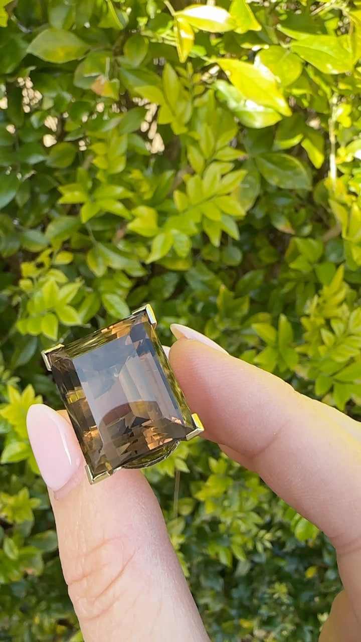 Mid Century 36ct Princess Cut Smoky Quartz Cocktail Ring, 9ct Yellow Gold, size N1/2 or 6.75