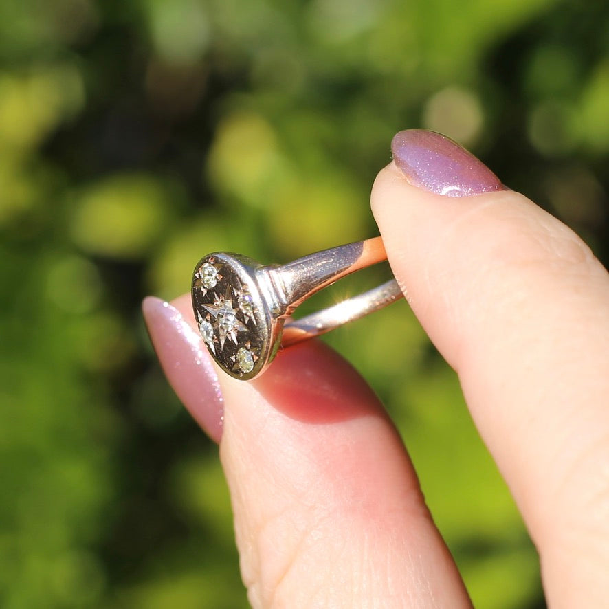 Early Australian Joseph Lawrence Signet Ring, Star Set with 5 Old Cut Diamonds, size T or 9.5