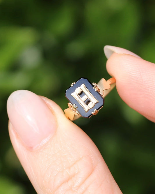 "H/B" Vintage Onyx and 9ct Yellow Gold Signet Ring, 9ct Yellow Gold, size N1/2 or 6.75