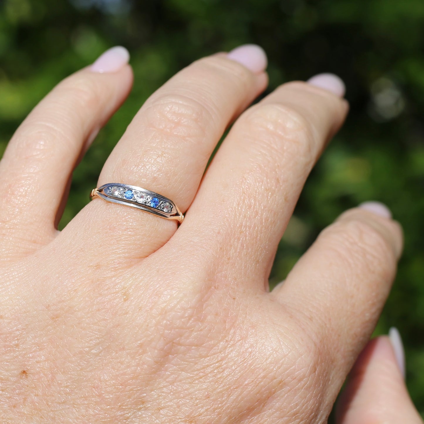 1930s 15ct Gold and Platinum 5 Stone Spinel Ring, 15ct Yellow Gold & Platinum, size M1/2 or 6.5