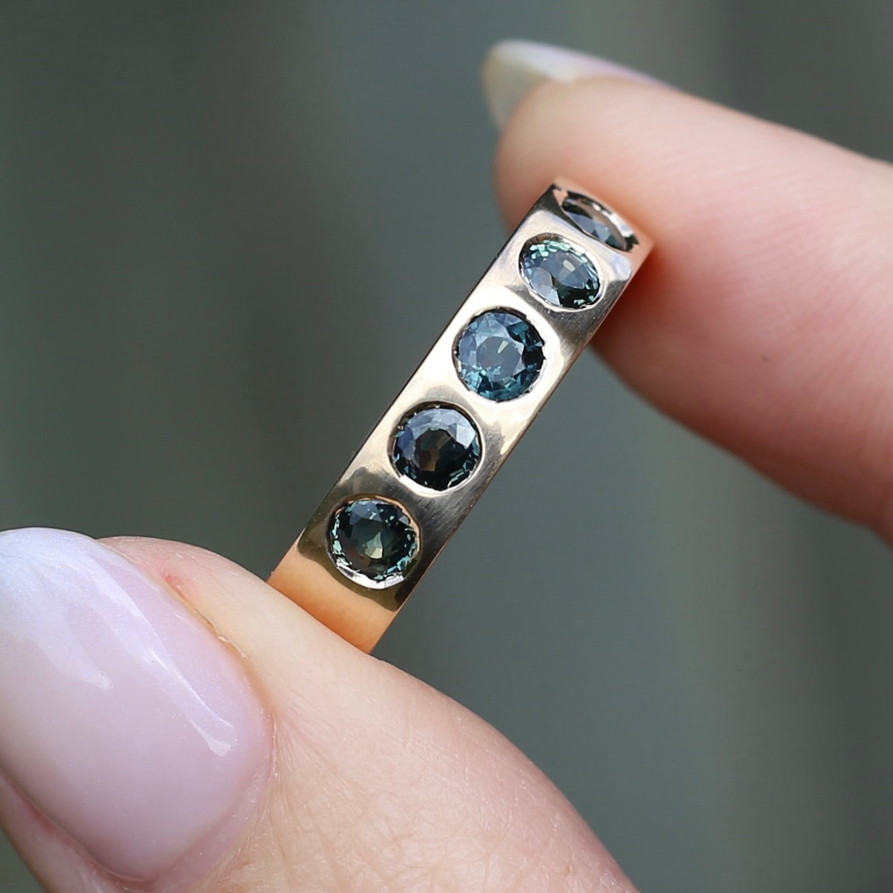 Custom Reclaimed Gold Chunky 9ct Rings with 4mm Parti Sapphires