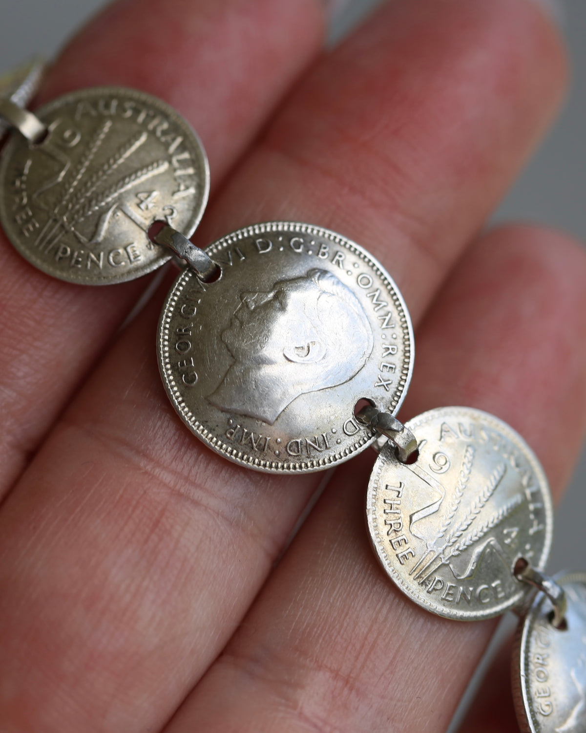 WWII Lucky Sixpence and Threepence Bracelet - coins 1938, 1942, 1943, 1944, 92.5% silver, 17.5cm or just under 7 inches, 19.83g