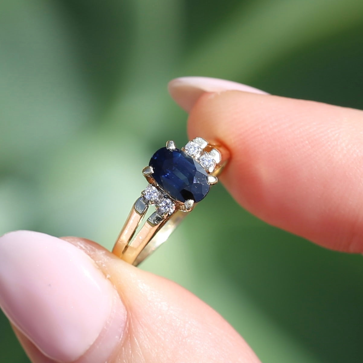 Oval Natural Blue Sapphire with Diamonds, Art Deco Feel Ring, 14ct Yellow Gold, size N or 6.75