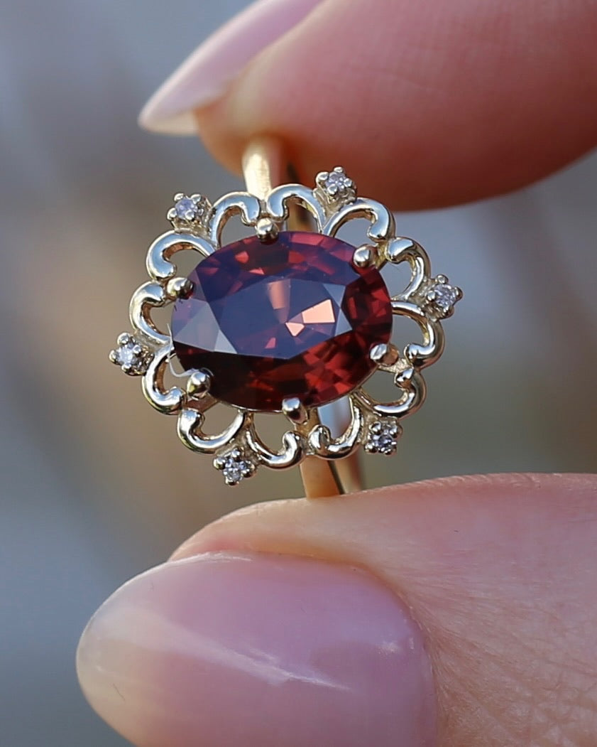 Vintage 3.48ct Natural Zircon and Diamond Ring, 9ct Yellow Gold , size O or 7.25 with valuation