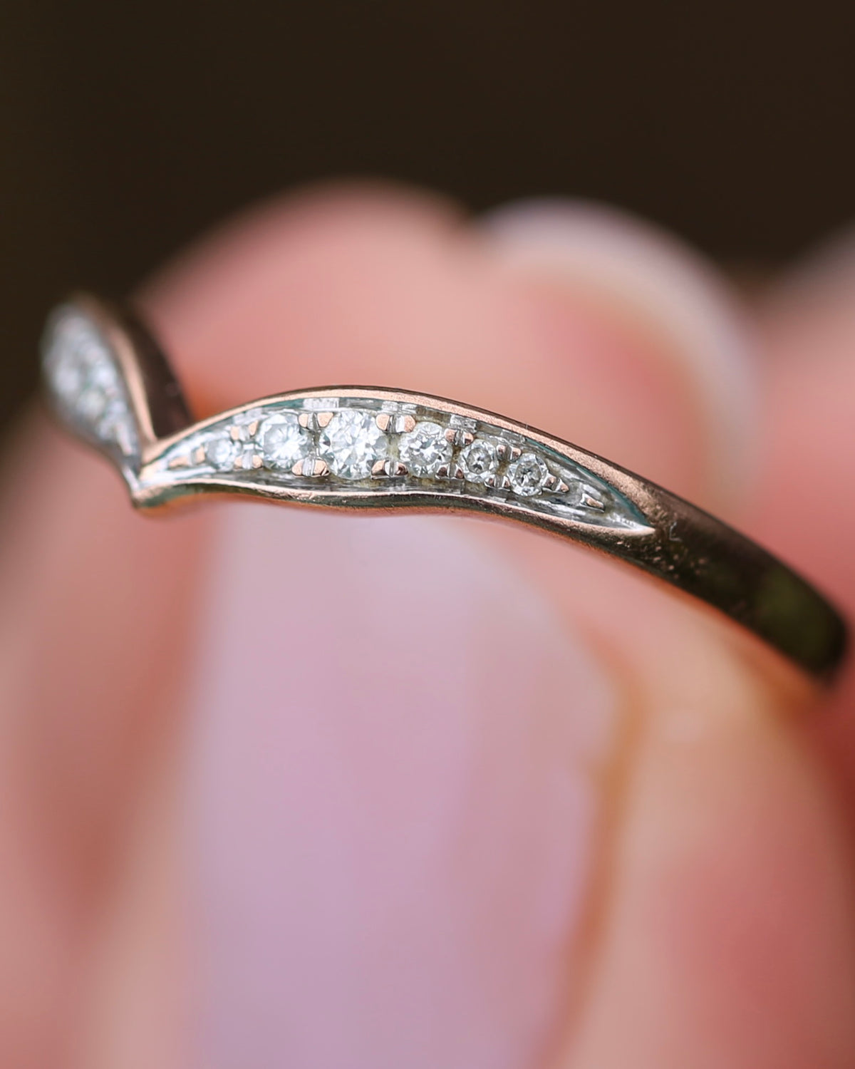Bead Set Natural Diamond Wishbone Ring, 9ct Rose Gold, size J or 4.75, 1.7g