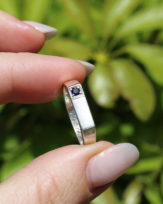 Narrow Silver Signet Ring with Sapphire, Sterling Silver, size 10.5 or V, 3.9g