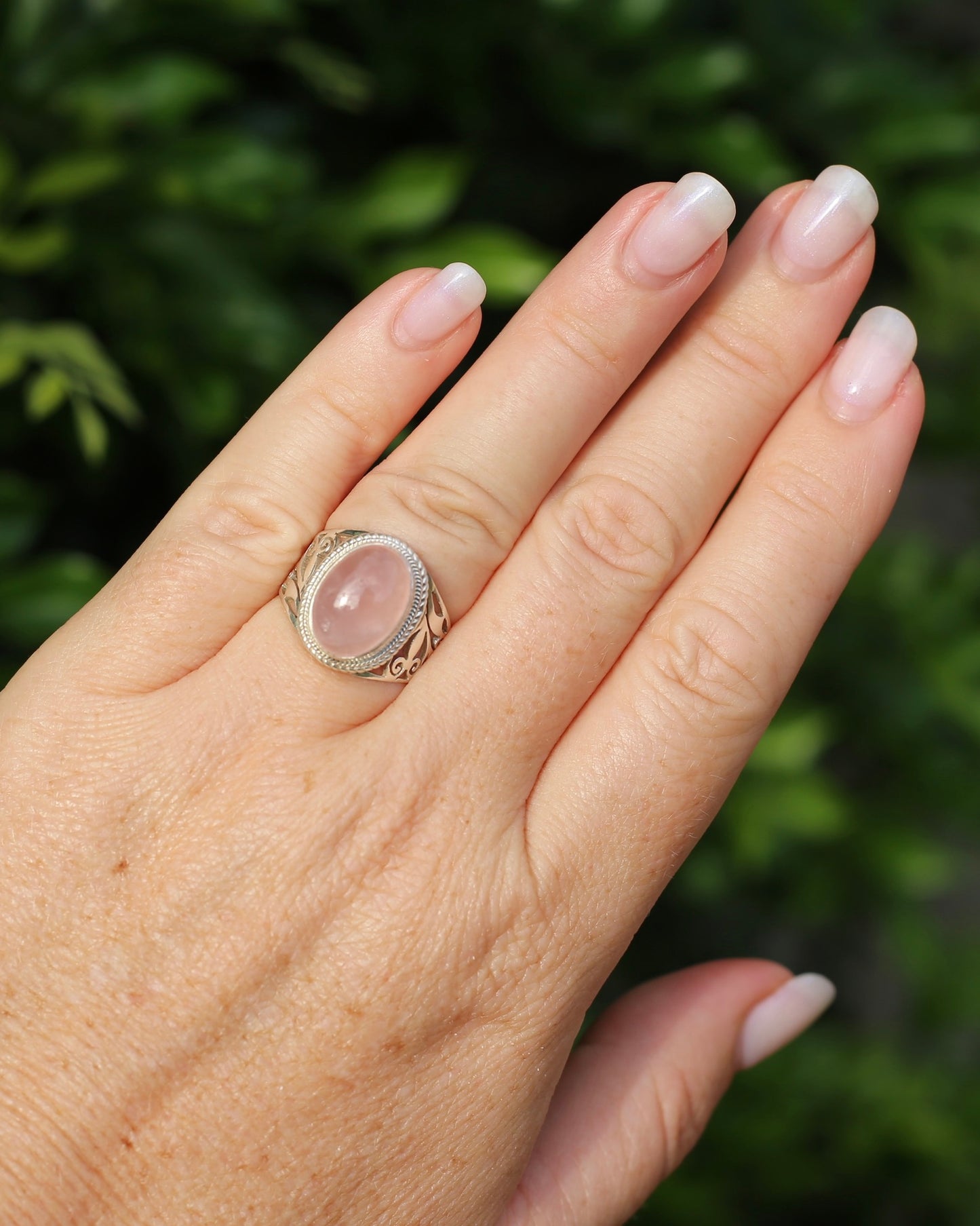 Rose Quartz Cabochon Ring, Sterling Silver, size P or 7.5 - fits more like an O or 7.25, 6.3g