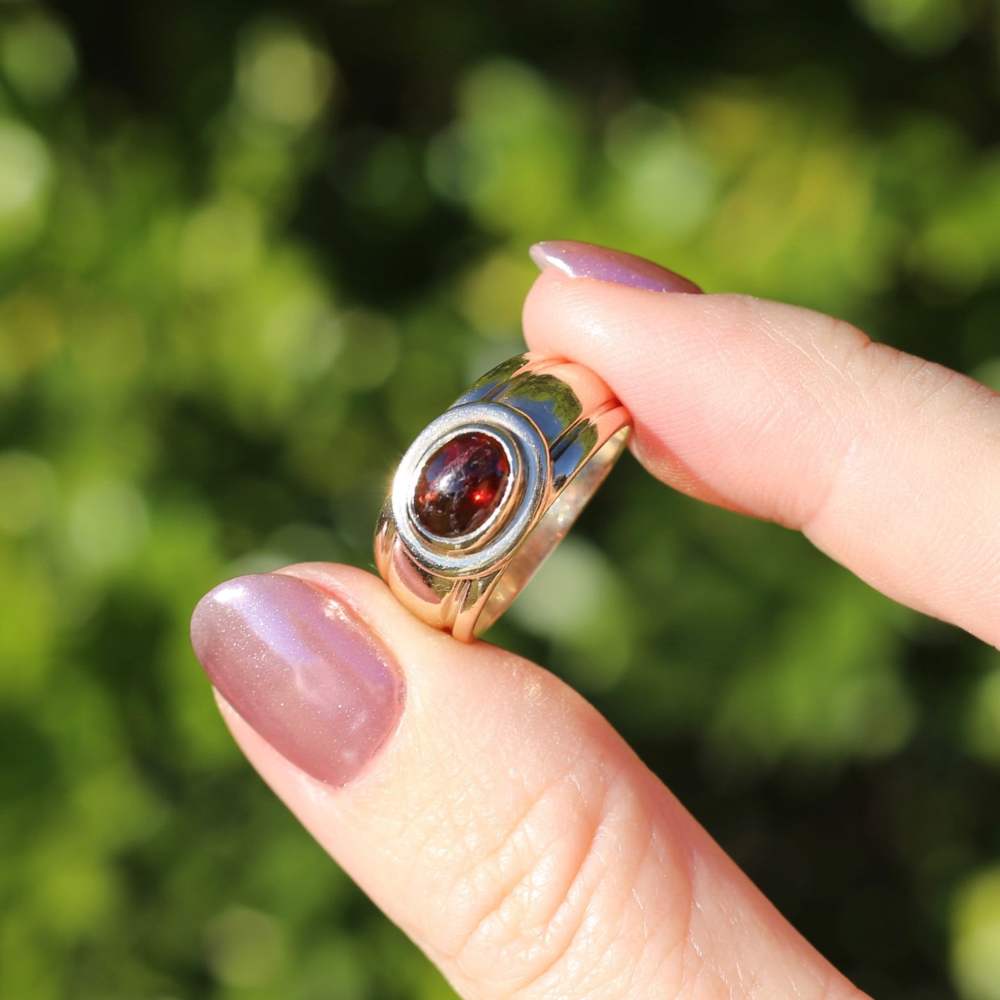 Chunky Gold East West Set Garnet Cabochon, 9ct Yellow Gold, size O1/2 or 7.5