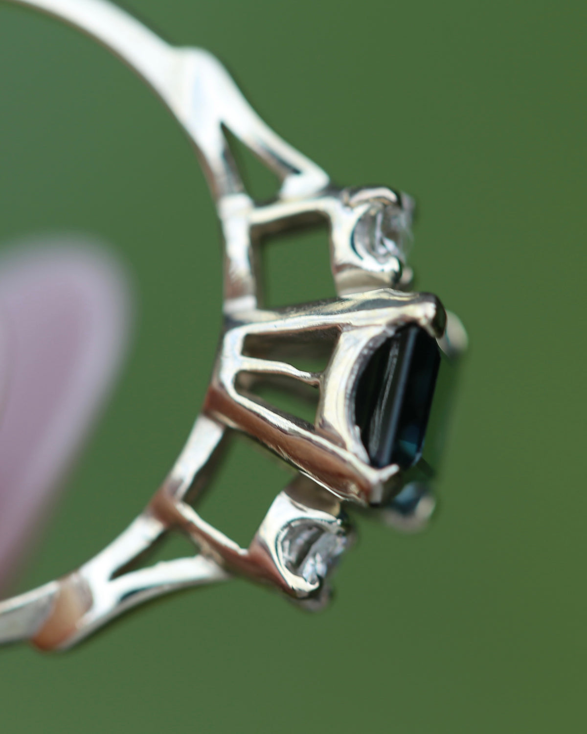 1.1ct Emerald Cut Natural Blue Teal Sapphire and Diamond Trilogy, 18ct White Gold and Platinum, size O or just over 7, 2.27g