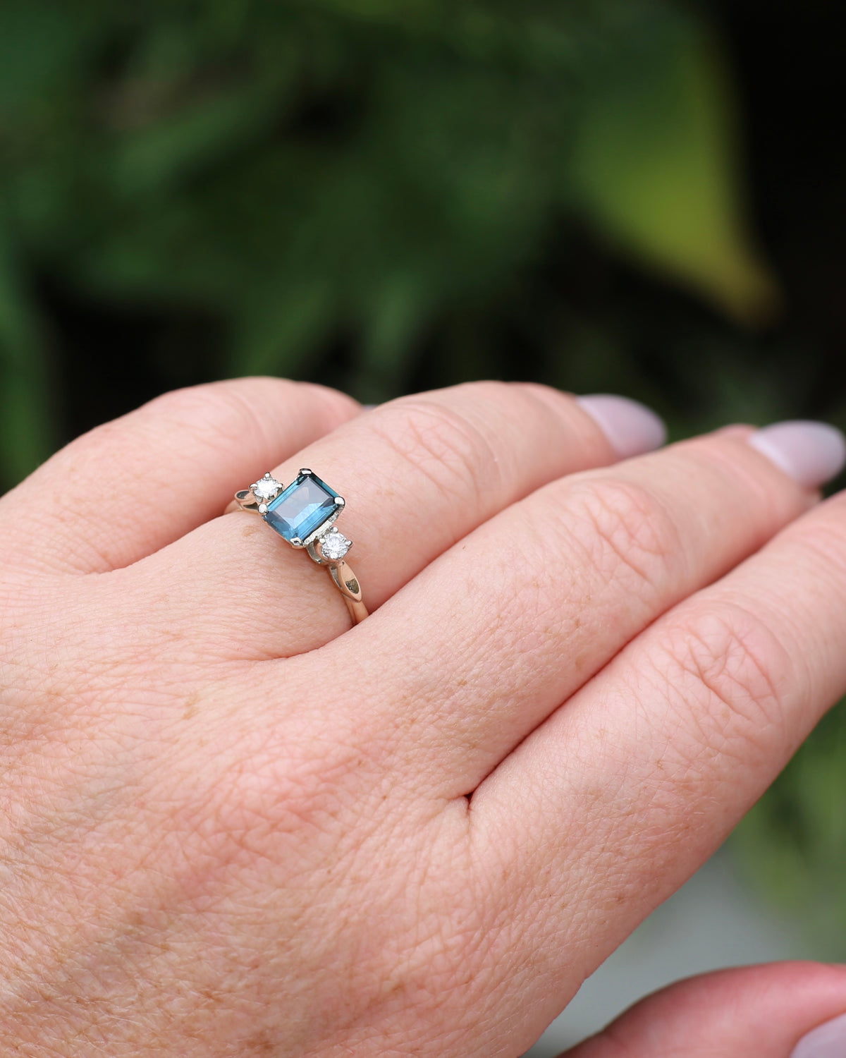 1.1ct Emerald Cut Natural Blue Teal Sapphire and Diamond Trilogy, 18ct White Gold and Platinum, size O or just over 7, 2.27g