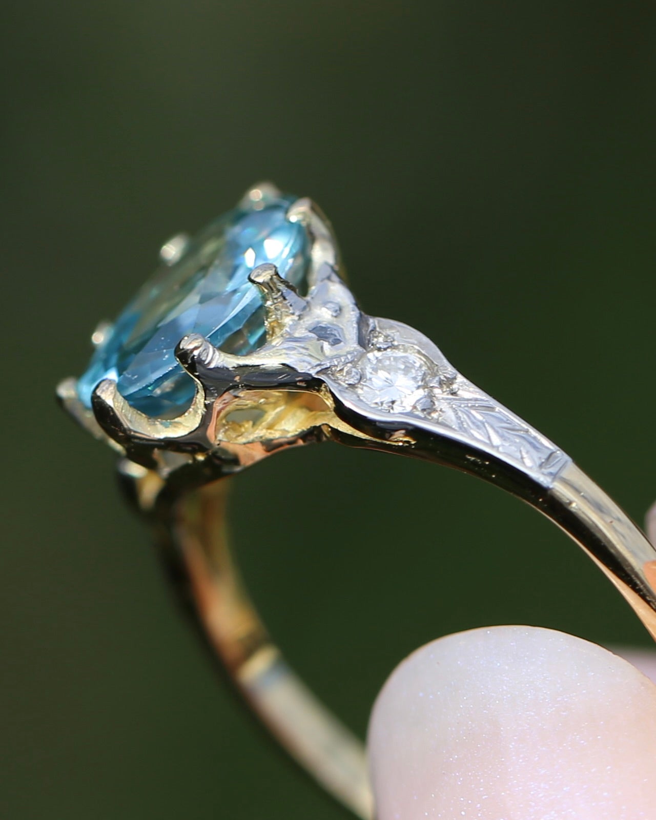 Circa 1930s Art Deco Blue Zircon and Diamond Ring, 18ct size just over M1/2 or 6.5, 2.80g
