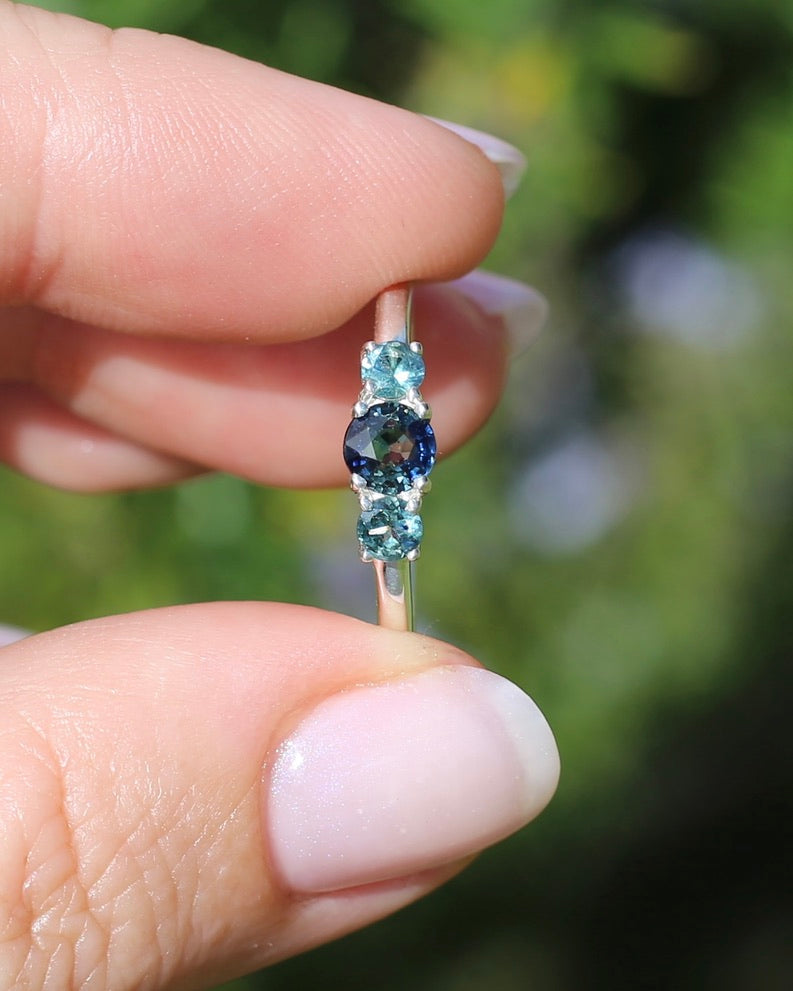 0.85ct Natural Parti Sapphire Trilogy Ring, Sterling Silver, size Q or 8.25, 1.98g