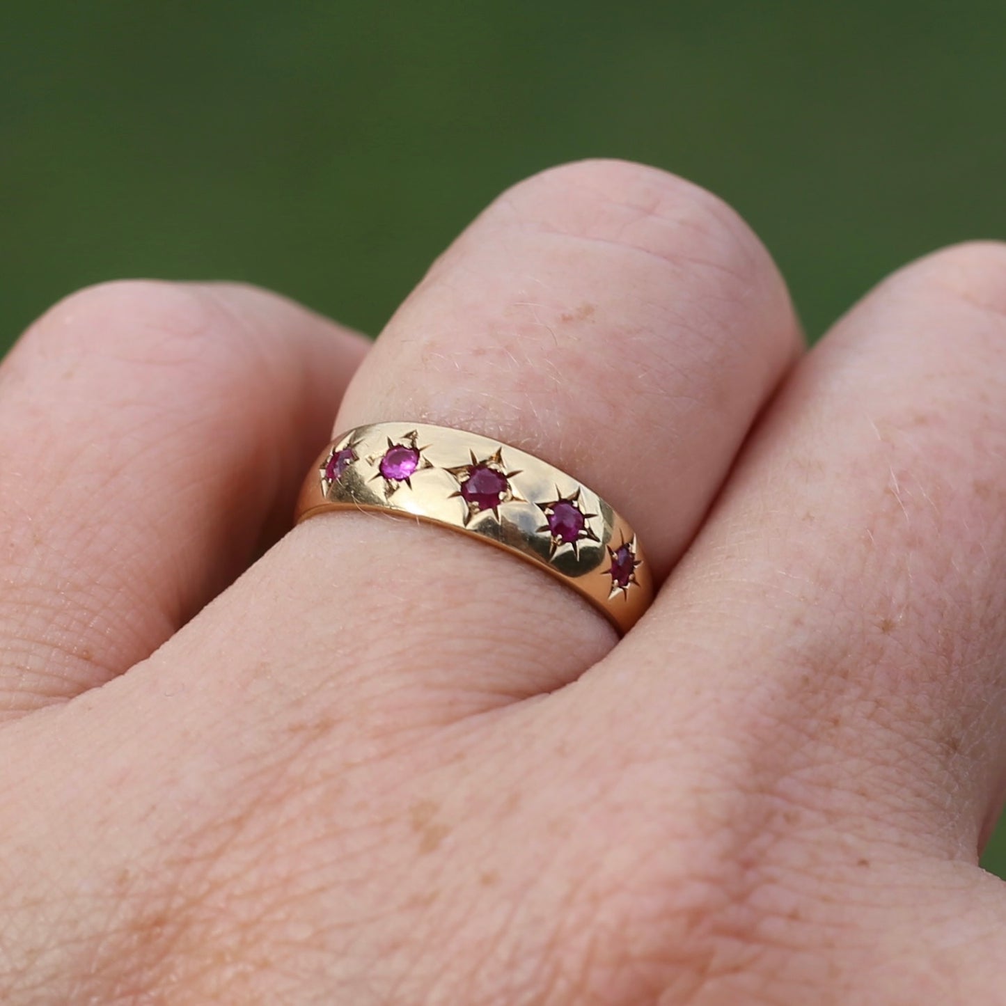 Antique 1891 Five Stone Star Set Old Cut Ruby Ring, 15ct Rosey Gold, size N- N1/2 or 6.75