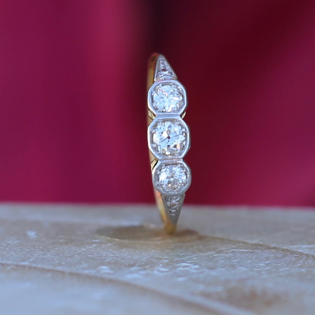 1930s Old and Transitional Cut Diamond Trilogy, 18ct Yellow and White Gold, size N or 6.75