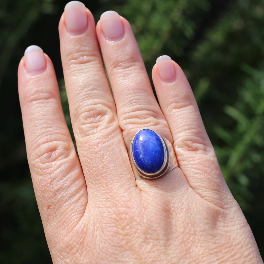 Large Lapis Cabochon in Silver Bezel Setting, size P1/2 or just under 8