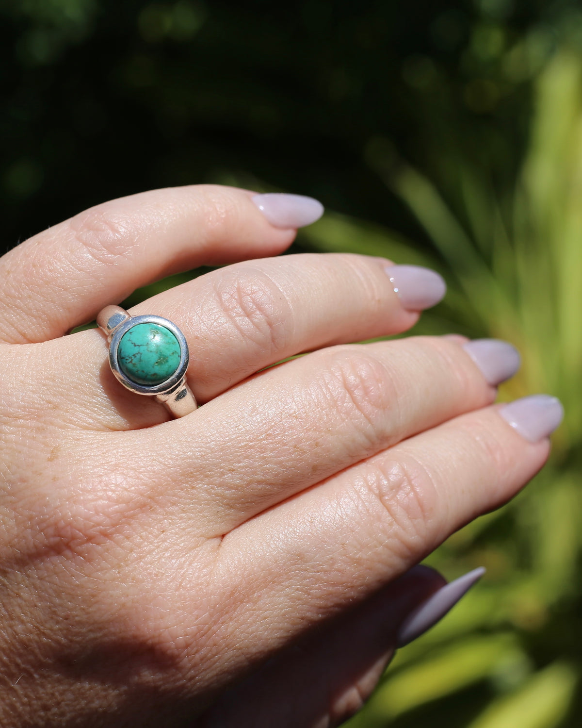 Natural Turquoise Cabochon Bezel Set Ring, Sterling Silver, size Q or just over 8, 7.3g