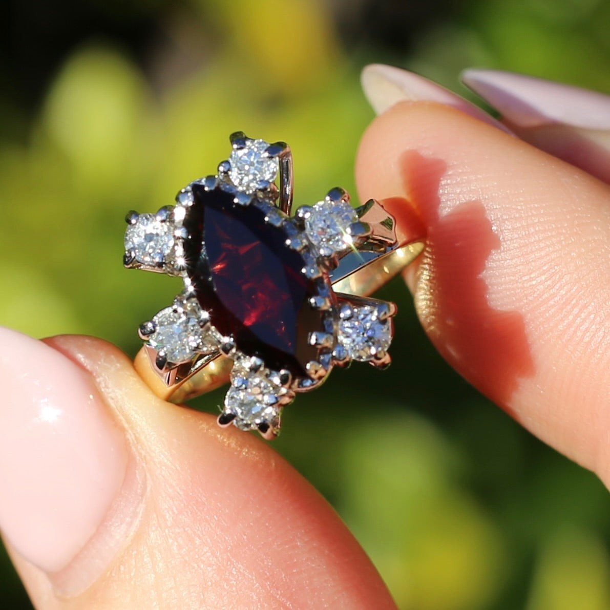 Viking feel Marquise Garnet With 6 Transitional Cut Diamonds, 18ct White and Yellow Gold, size N1/2 or 7