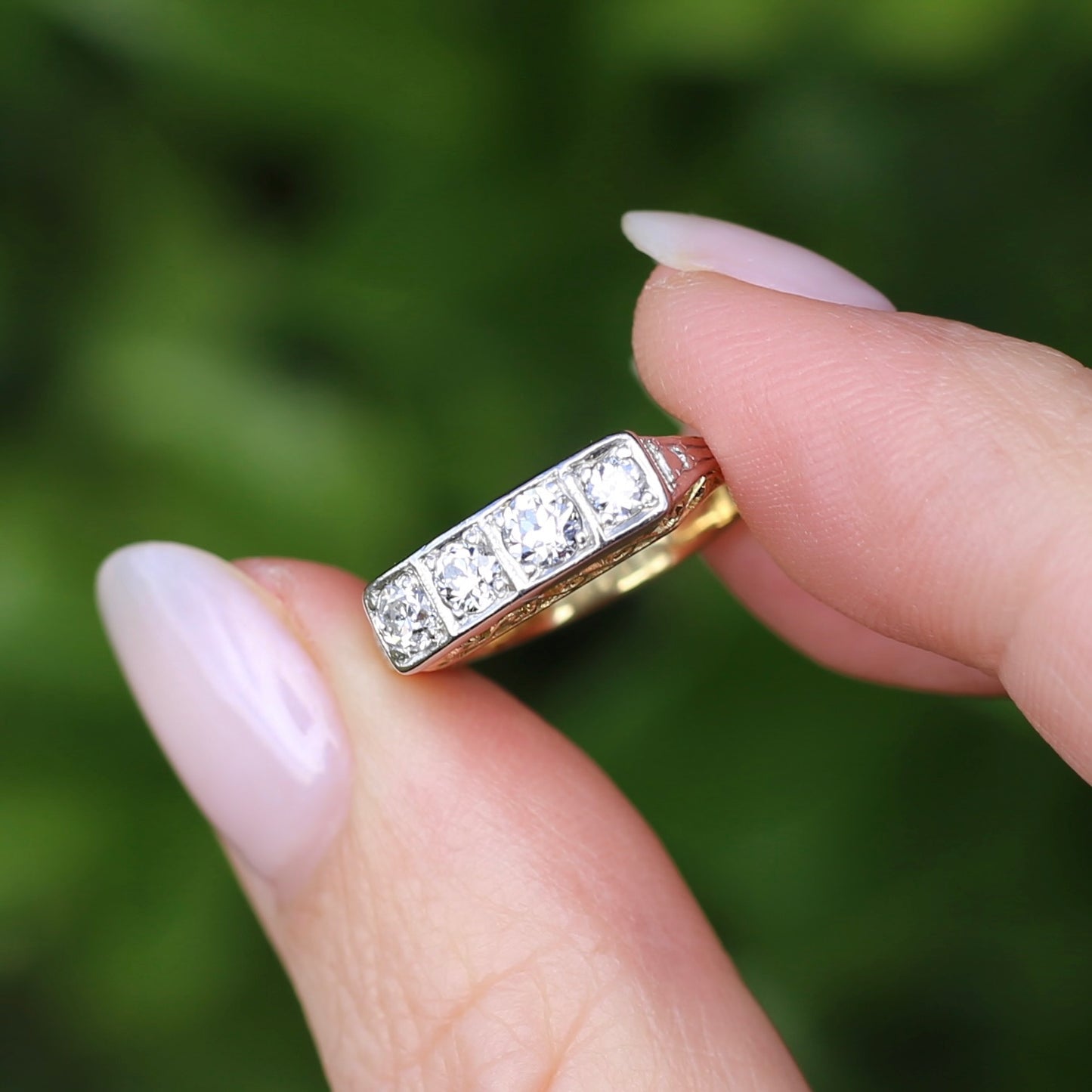 1930s 4 Stone Transitional Cut Diamond Mixed Metal Ring, 18ct Yellow Gold & Platinum, size M or just bigger than 6