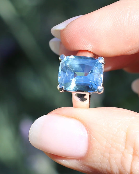 5ct Cushion Cut Natural Blue Topaz Ring, Sterling Silver, size N or 6.75, 5.02g