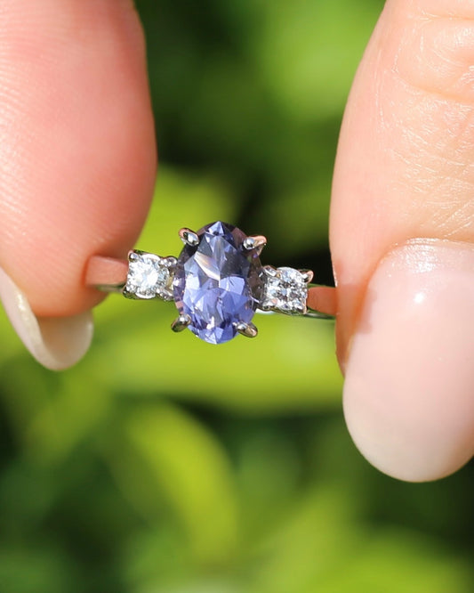1.05ct Hand Cut Australian Iolite and Diamond Trilogy, 9ct White Gold, Size N or 6.75, 3.05g