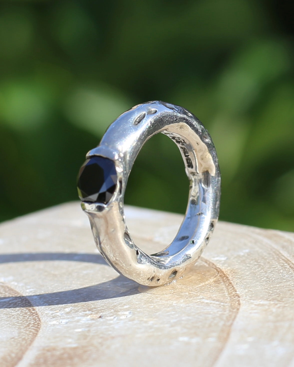Rustic Handmade Chunky Silver Ring with Black Glass Round Brilliant Semi Bezel Set Stone, size L or 5.75