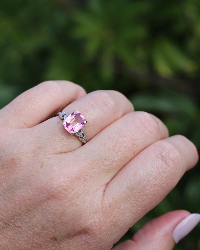 Pale Pink Tourmaline and Old Cut Diamond Shoulder Ring, 18ct White Gold and Platinum, size N or 6.75, 2.63g