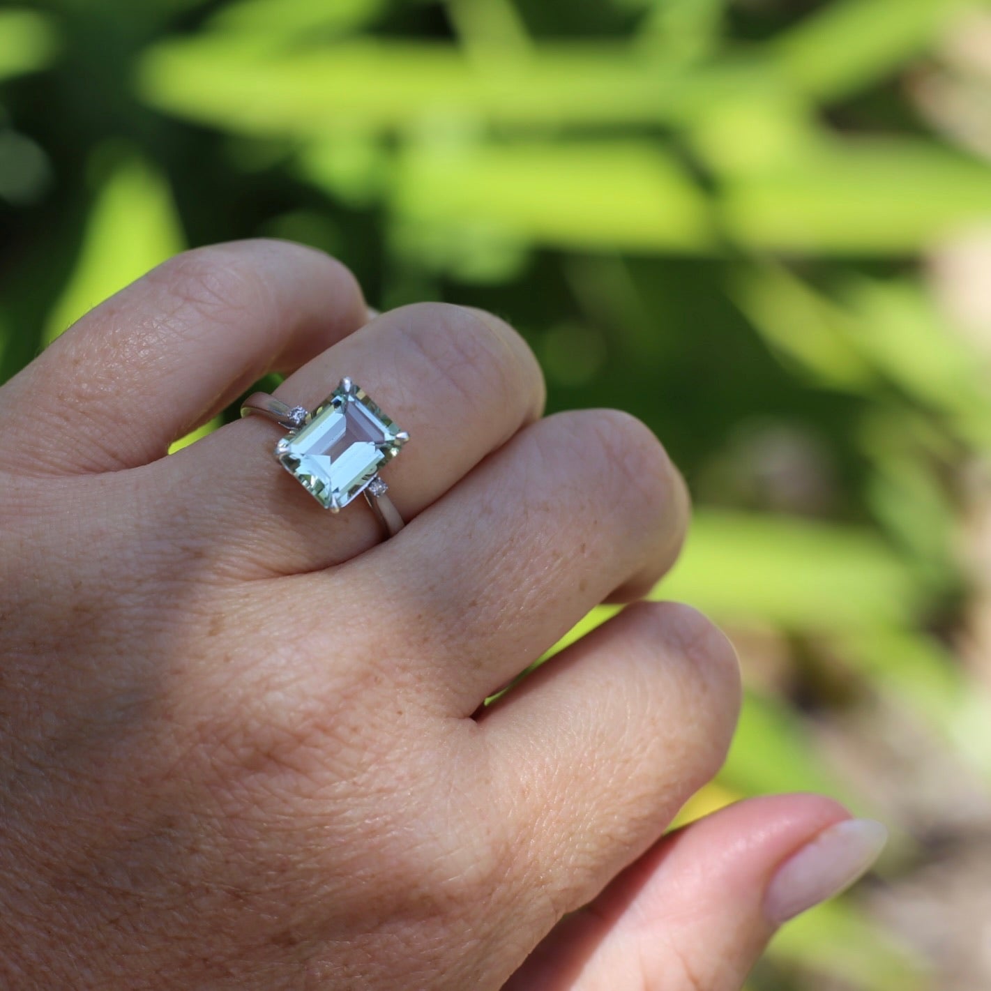 Emerald Cut Prasiolite and Diamond Ring, 9ct White Gold, size P or 7.75