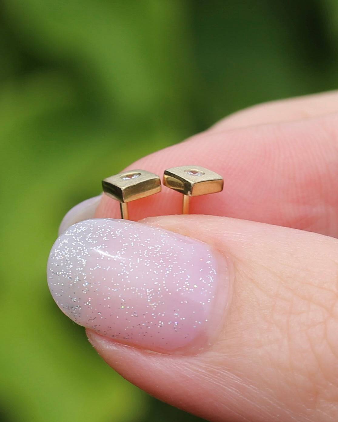 Vintage Brushed Gold Square Studs with Glass Stones, 8ct Yellow Gold, 0.89g