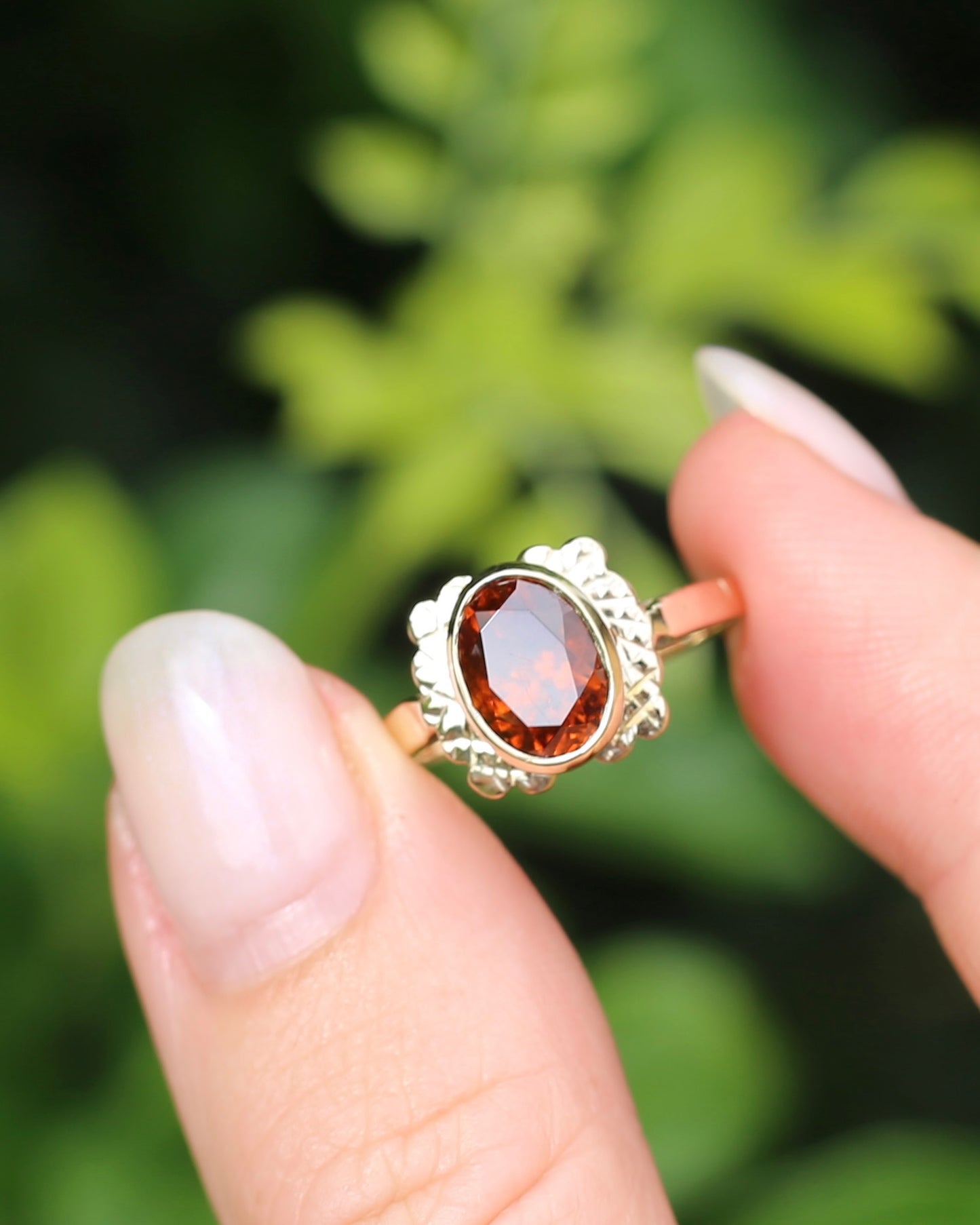 Custom Cut 3.54ct Oval Whiskey Brown Zircon, Bezel Set, 9ct Yellow Gold Birmingham Made 1994 Ring, size P or 7.75