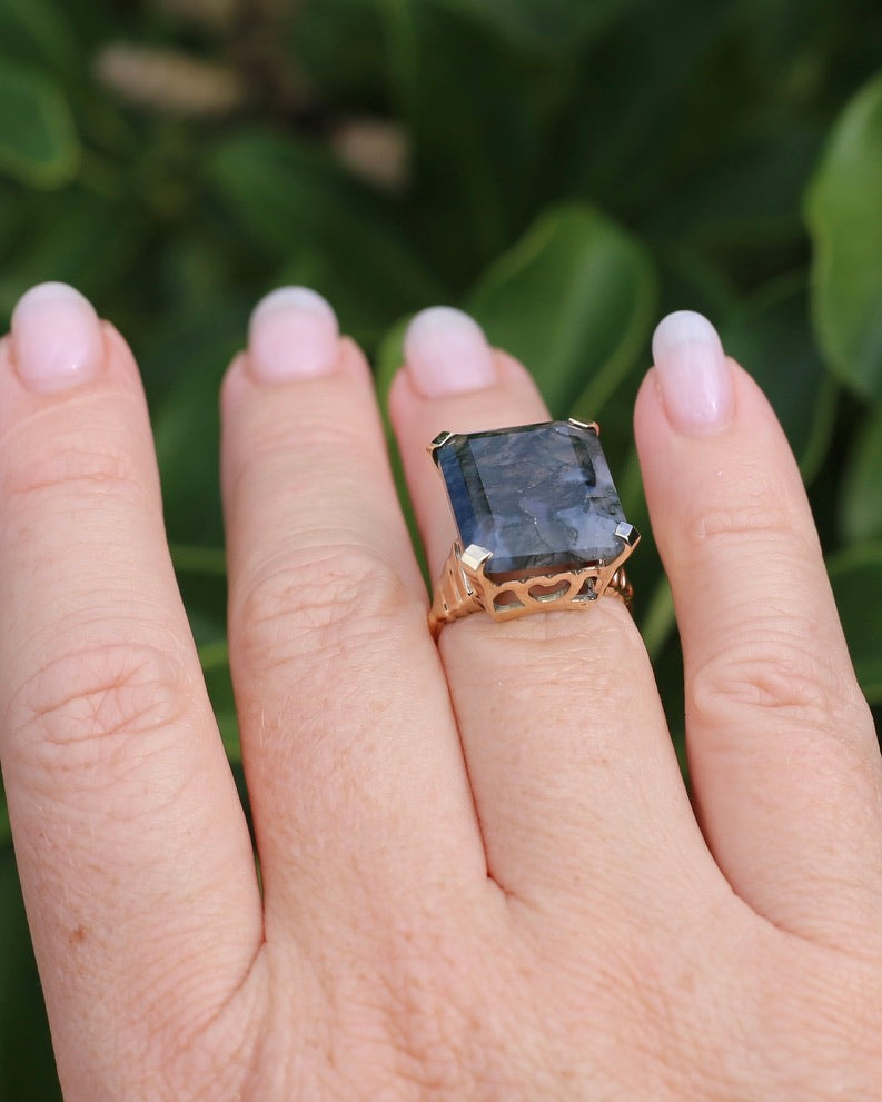 1963 London Made 14.5ct Moss Agate Cocktail Ring, 9ct Yellow Gold, size M or 6.25, 6.75g