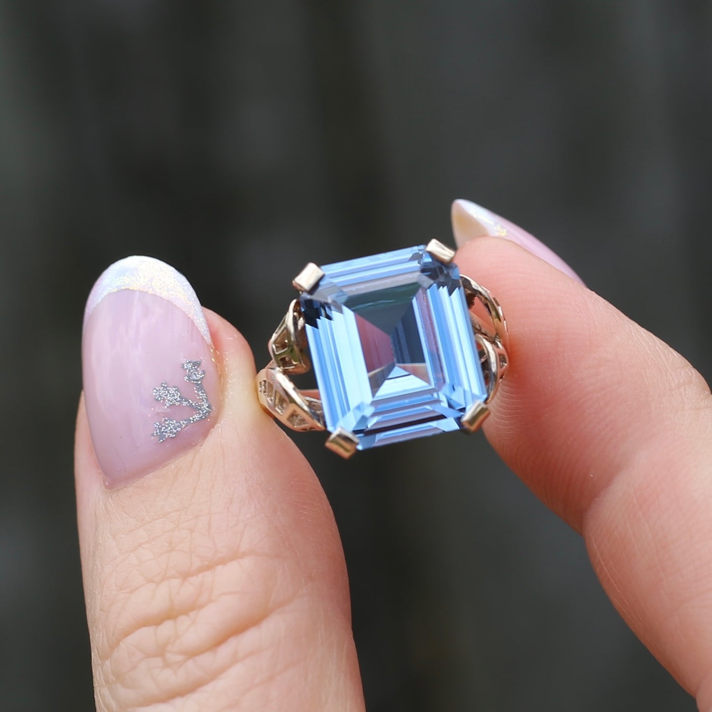 Mid Century Emerald Cut Blue Spinel Cocktail Ring, size N1/2 or 6.75