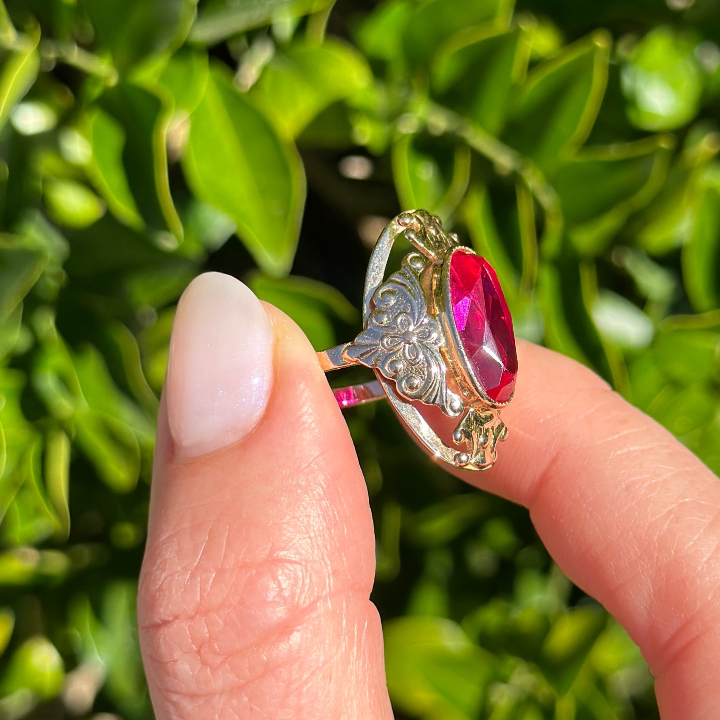 Mid Century Russian Oval Synthetic Ruby in Rosey Gold Floral Setting, 14ct Old Rosey Gold, size N1/2 or 7