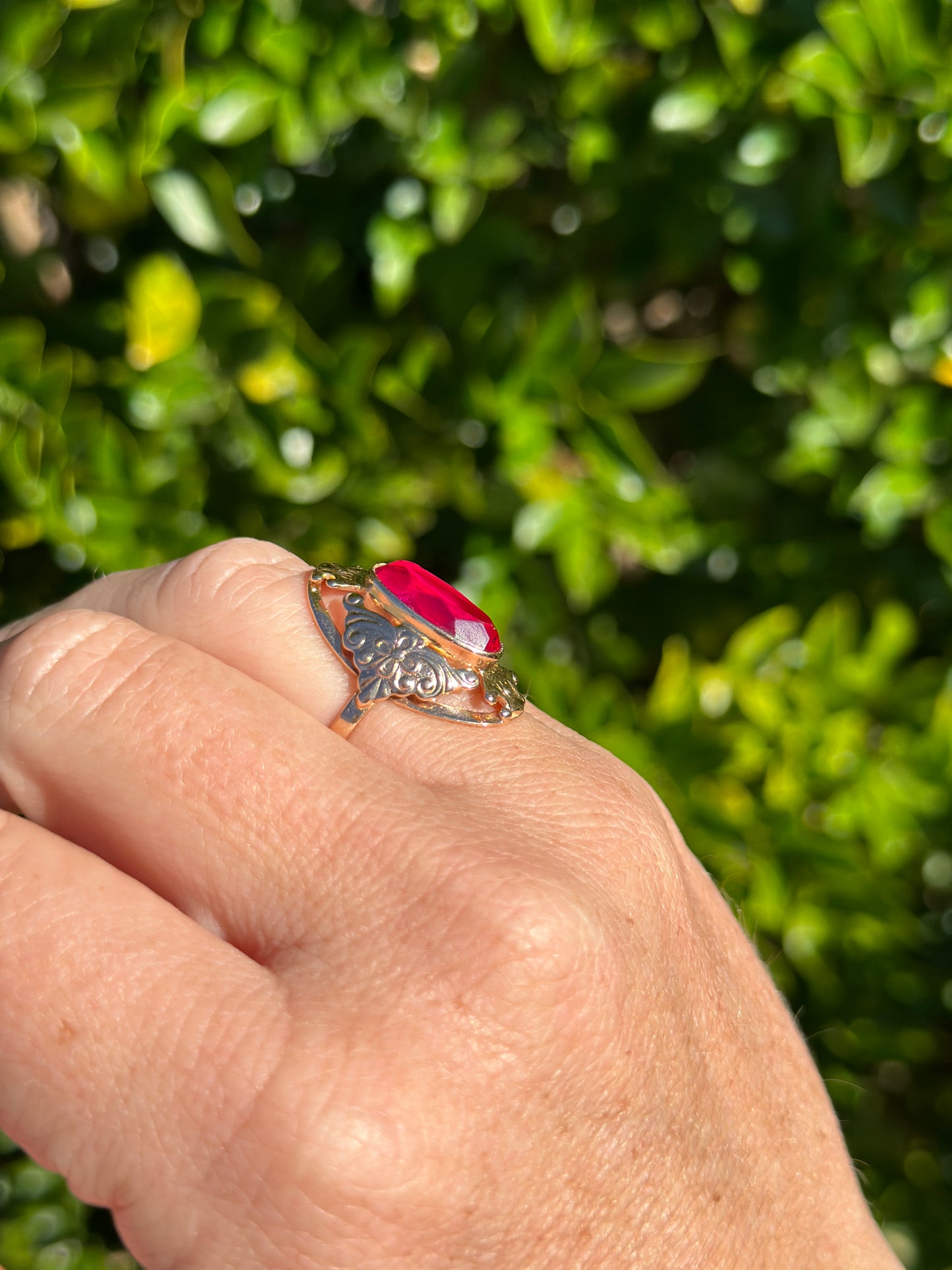 Mid Century Russian Oval Synthetic Ruby in Rosey Gold Floral Setting, 14ct Old Rosey Gold, size N1/2 or 7