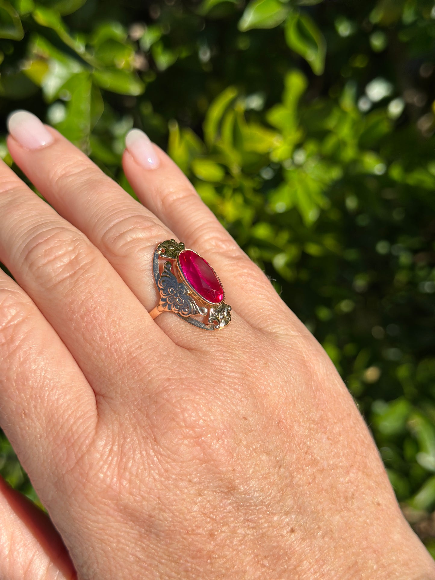 Mid Century Russian Oval Synthetic Ruby in Rosey Gold Floral Setting, 14ct Old Rosey Gold, size N1/2 or 7