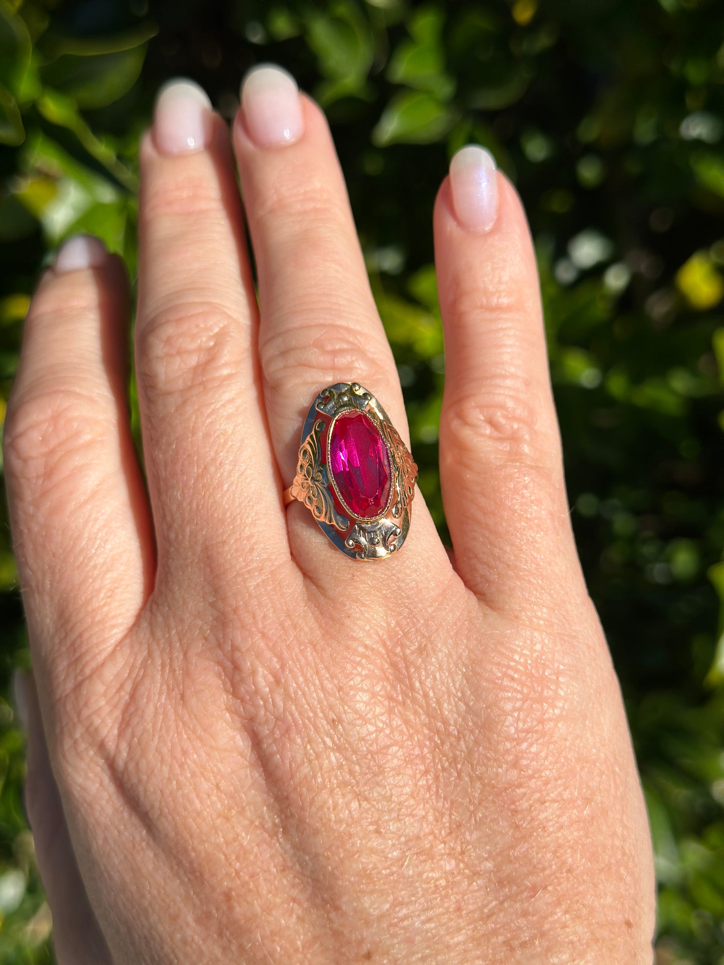 Mid Century Russian Oval Synthetic Ruby in Rosey Gold Floral Setting, 14ct Old Rosey Gold, size N1/2 or 7