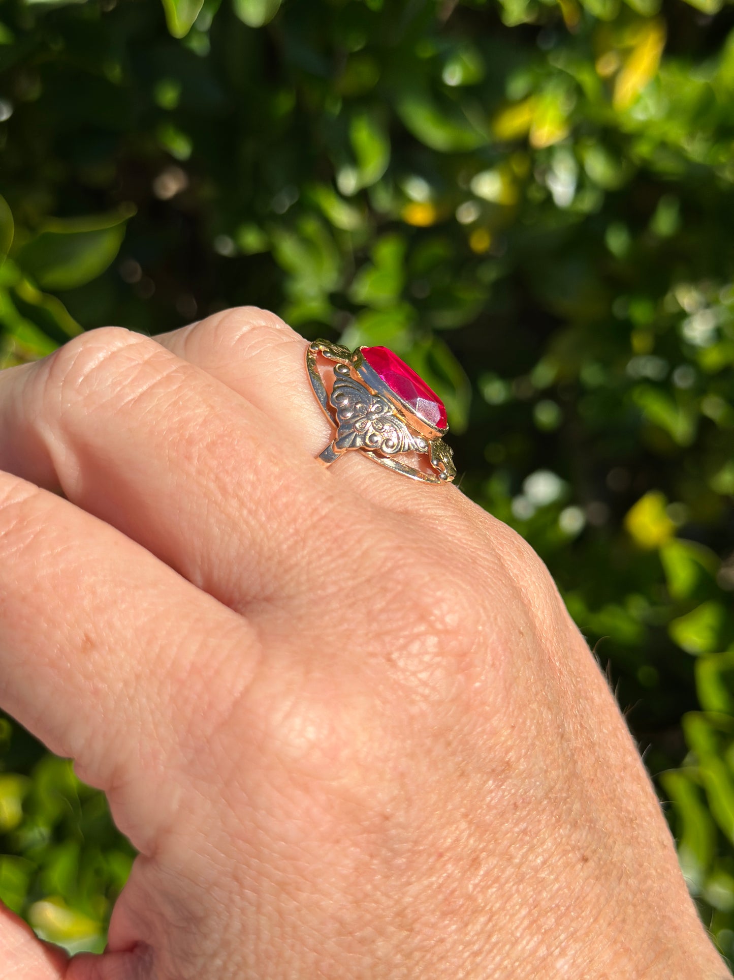 Mid Century Russian Oval Synthetic Ruby in Rosey Gold Floral Setting, 14ct Old Rosey Gold, size N1/2 or 7