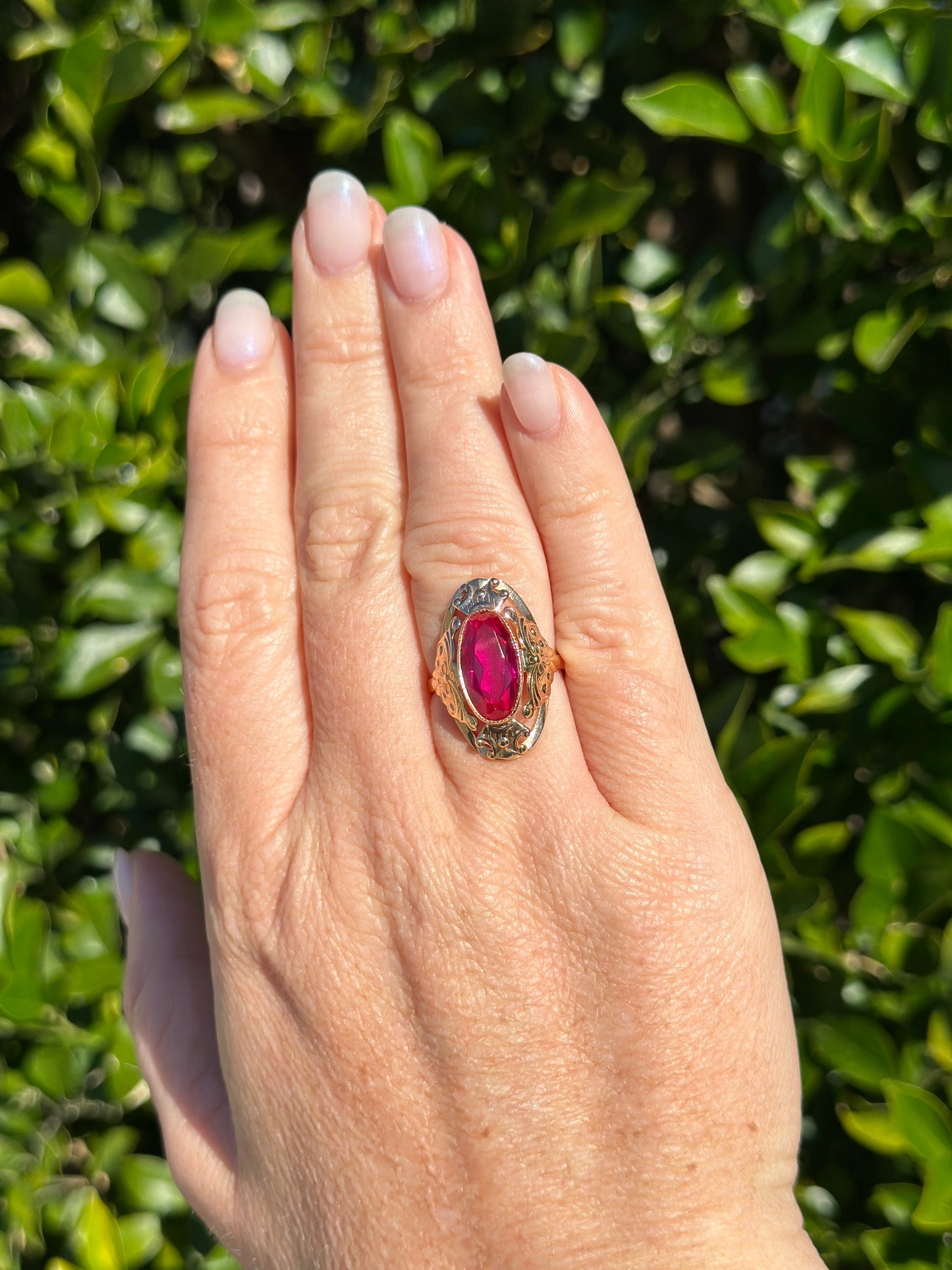 Mid Century Russian Oval Synthetic Ruby in Rosey Gold Floral Setting, 14ct Old Rosey Gold, size N1/2 or 7